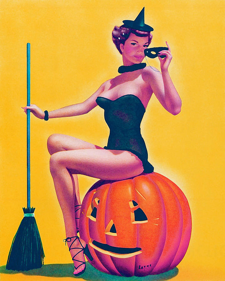 Pinup Sexy Witch On Pumpkin Digital Art By Long Shot Pixels