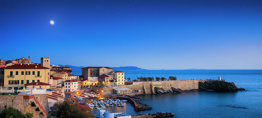 Piombino old town blue hour panoramic view Photograph by Stefano Orazzini