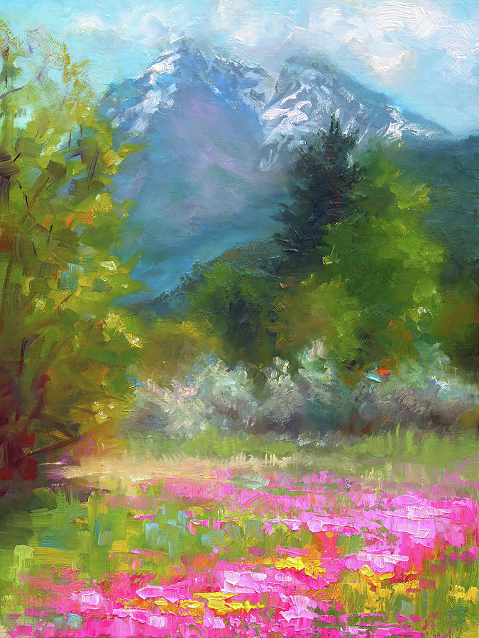 Landscape Painting - Pioneer Peaking - flowers and mountain in Alaska by Talya Johnson
