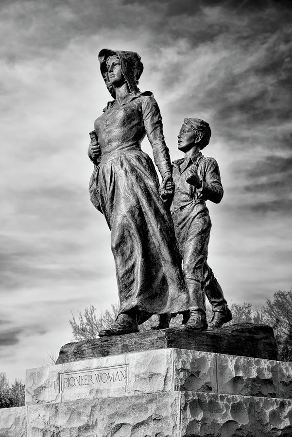 Pioneer Woman Statue Black and White Photograph by Ann Powell