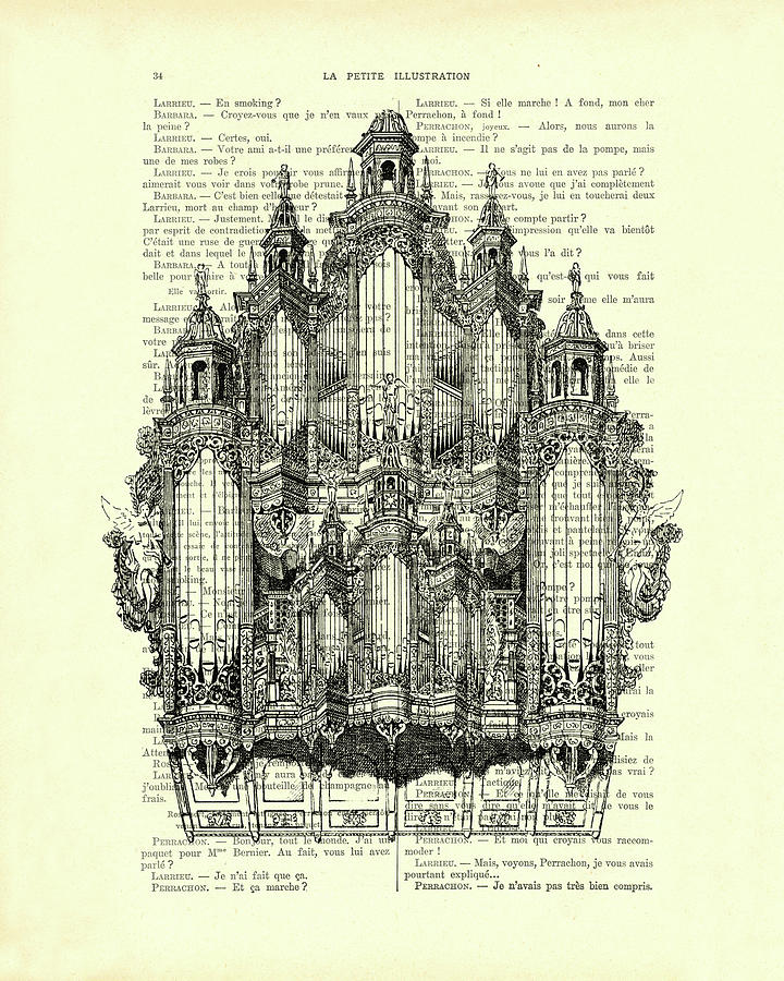 Black And White Mixed Media - Pipe organ in black and white on a French antique book page by Madame Memento