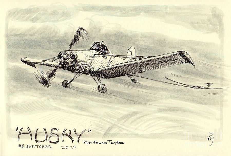 Husky Drawing - Piper-Pawnee Tow plane by Netta Canfi
