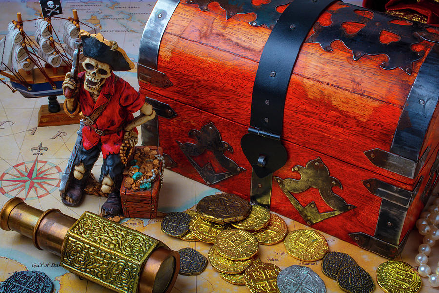 Map Photograph - Pirate Chest And Gold Coins by Garry Gay