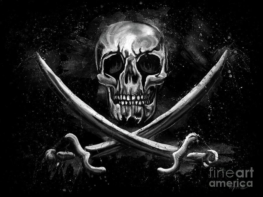 Pirate flag with human skull and swords, Jolly Rogers Painting by Nadia CHEVREL