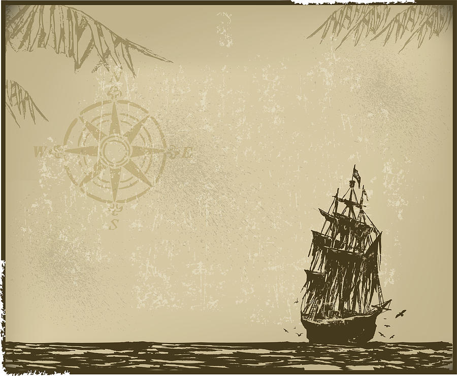Pirate Ship Background with Compass Drawing by KeithBishop