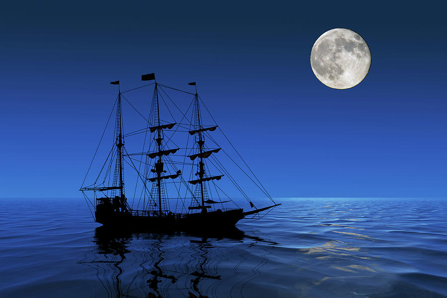Tall Ship Pirate Ship and the Moon Silk Canvas Poster 13x20 24x36'' 