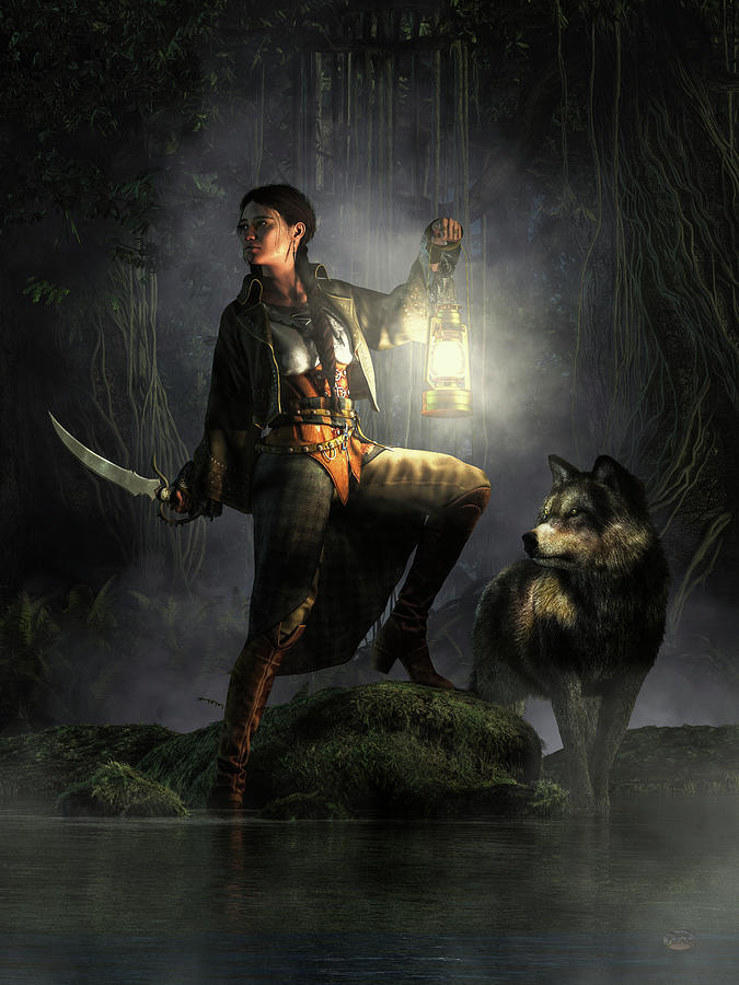 Piratess and Wolf Digital Art by Daniel Eskridge