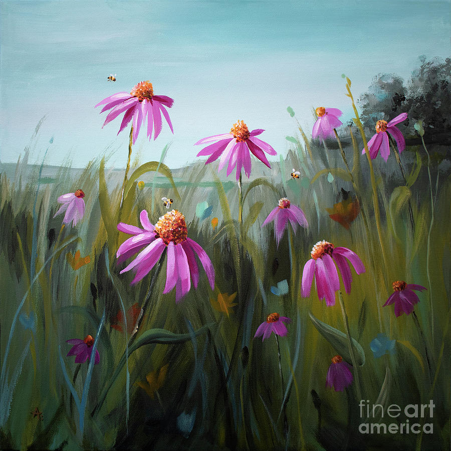 Pirouetting - Pink Cone Flowers Painting by Annie Troe