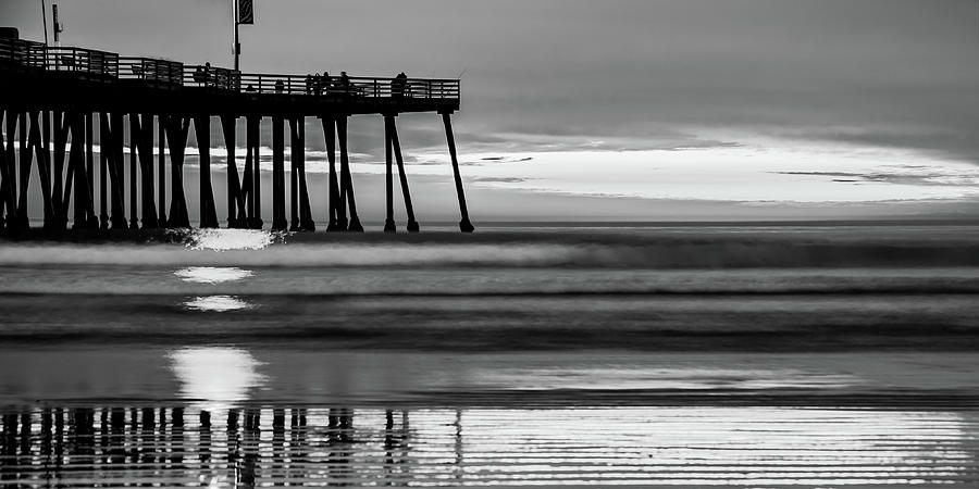 Black And White Photograph - Pismo Beach California Sunset Panorama - Black and White by Gregory Ballos