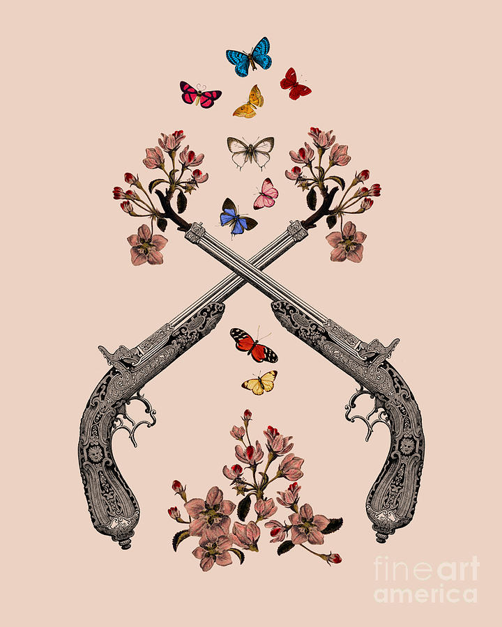 Flower Mixed Media - Pistols with butterflies and flowers by Madame Memento