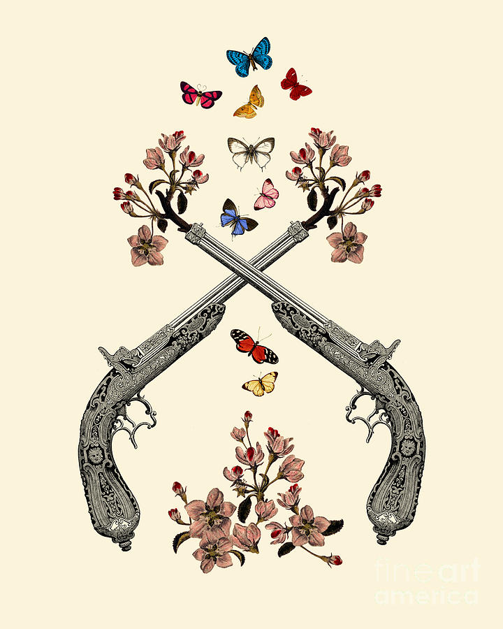 Flower Digital Art - Pistols With Flowers And Butterflies by Madame Memento