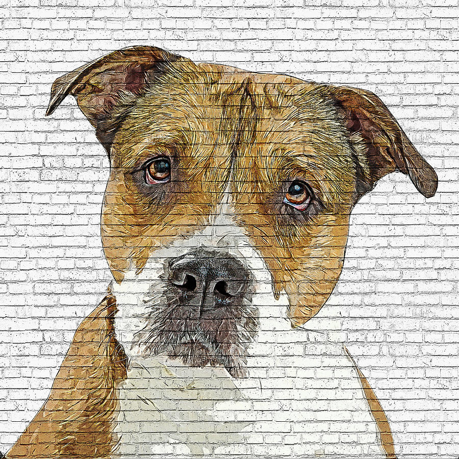 Pit Bull Dog - Brick Block Background Painting by Custom Pet Portrait Art Studio