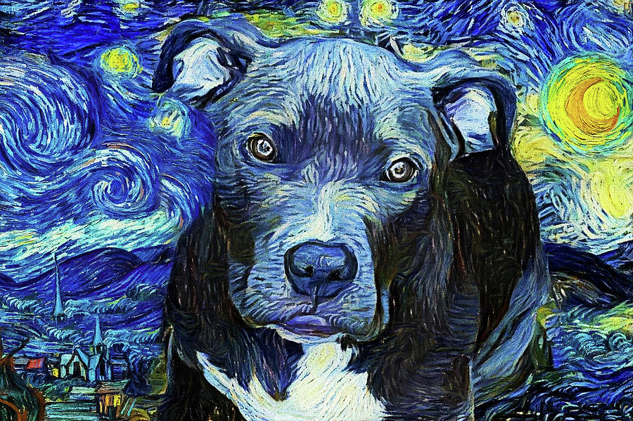 Pit Bull - Starry Night - Van Gogh Tribute Digital Art by Peggy Collins