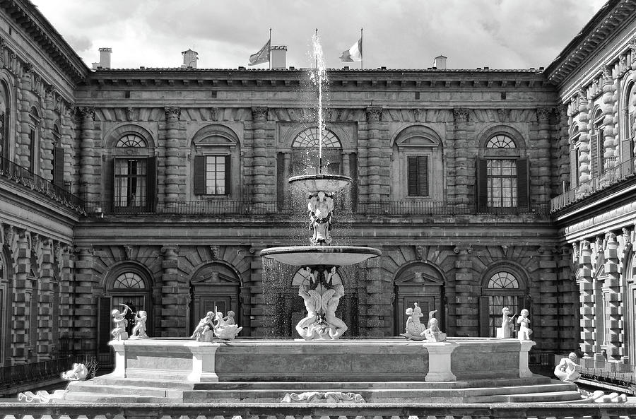 Pitti Palace Fountain Florence Italy Black and White Photograph by Shawn OBrien