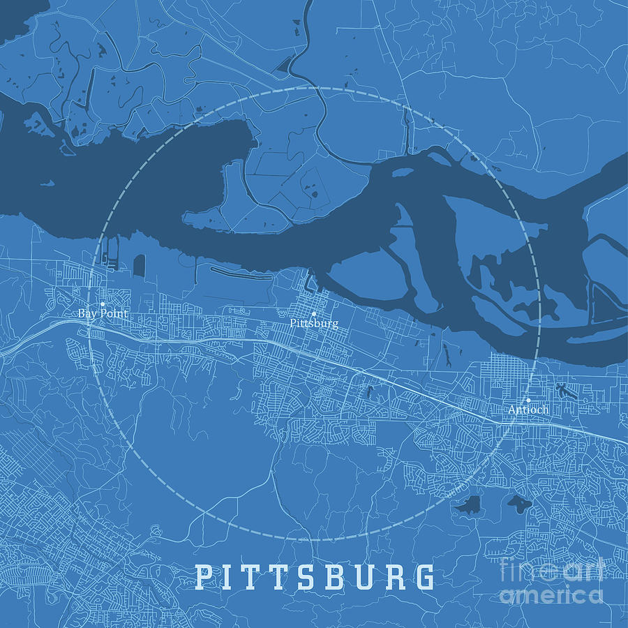 Antioch Digital Art - Pittsburg CA City Vector Road Map Blue Text by Frank Ramspott