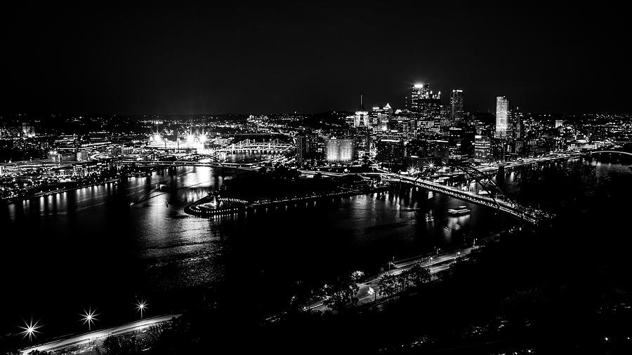 Pittsburgh at Night Black and White Photograph by Steve Templeton