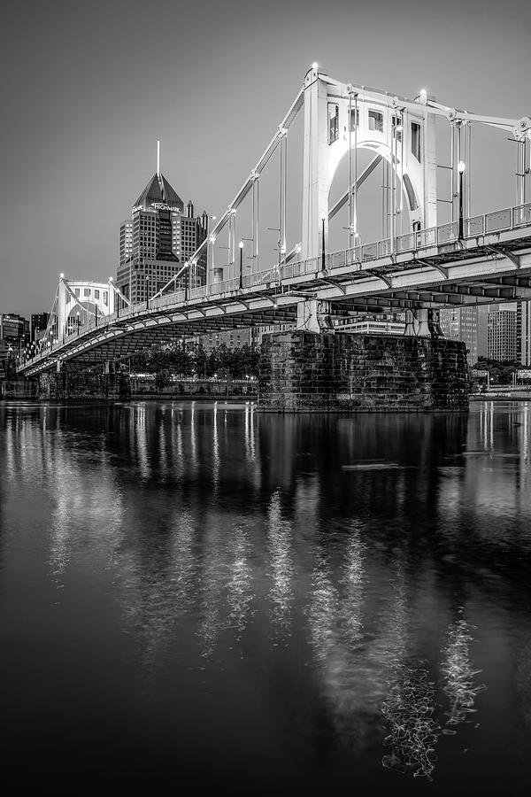 Pittsburgh City Skyline And Clemente Bridge - Black and White Photograph by Gregory Ballos