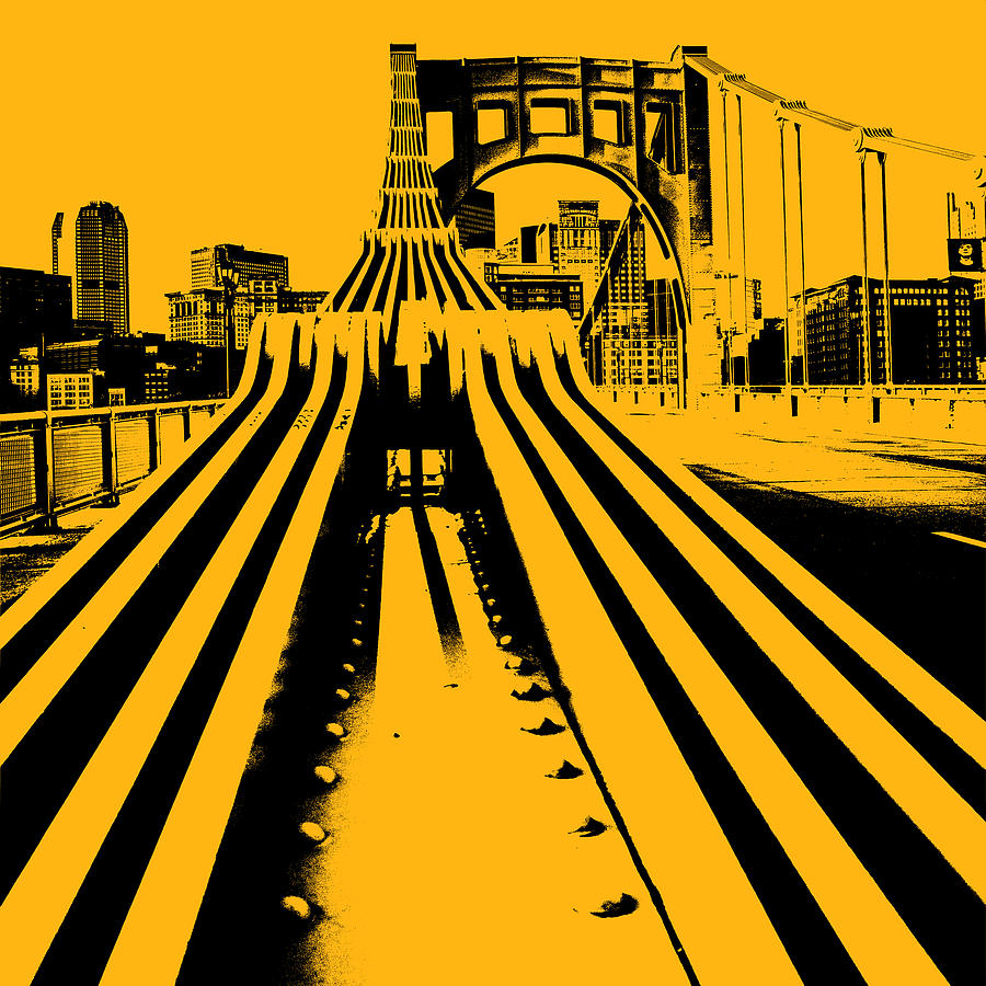 Pittsburgh City Skyline Bridge Pop Art Black Gold Print Digital Art by Aaron Geraud