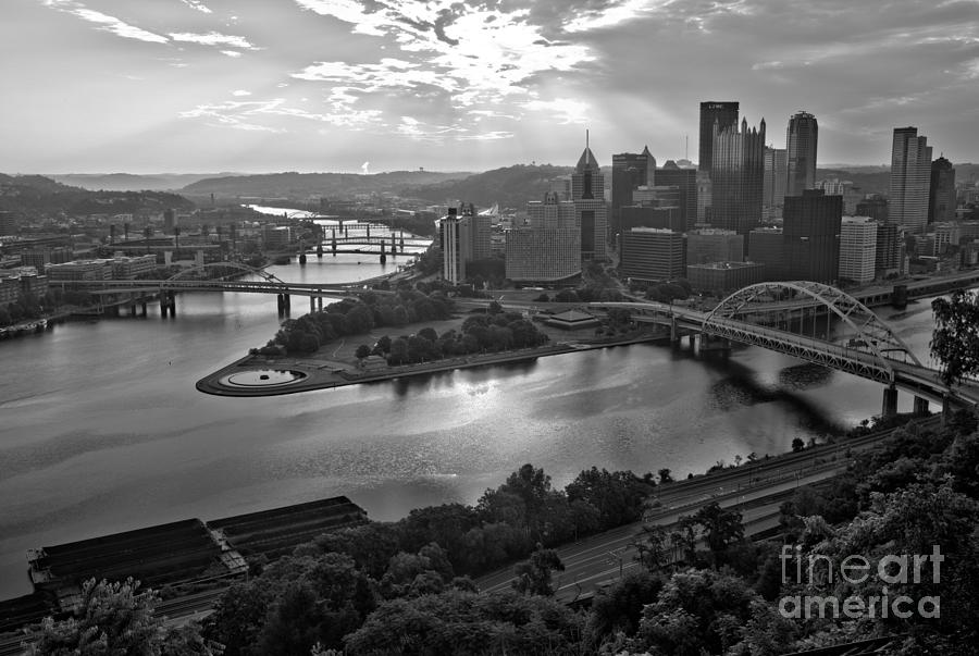 Pittsburgh Fiery July Skies Over The Point Black And White Photograph by Adam Jewell