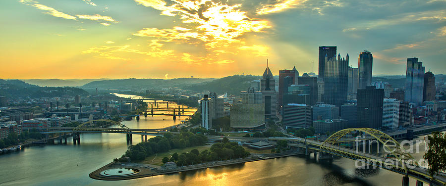 Pittsburgh Fiery July Skies Over The Point Panorama Photograph by Adam Jewell