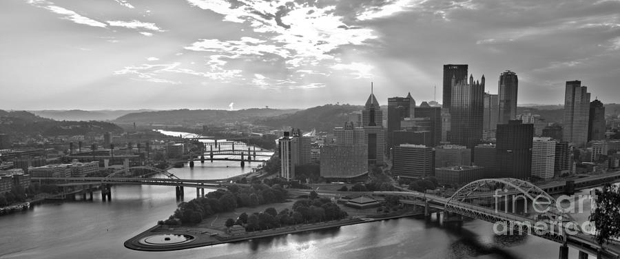 Pittsburgh Fiery July Skies Over The Point Panorama Black And White Photograph by Adam Jewell
