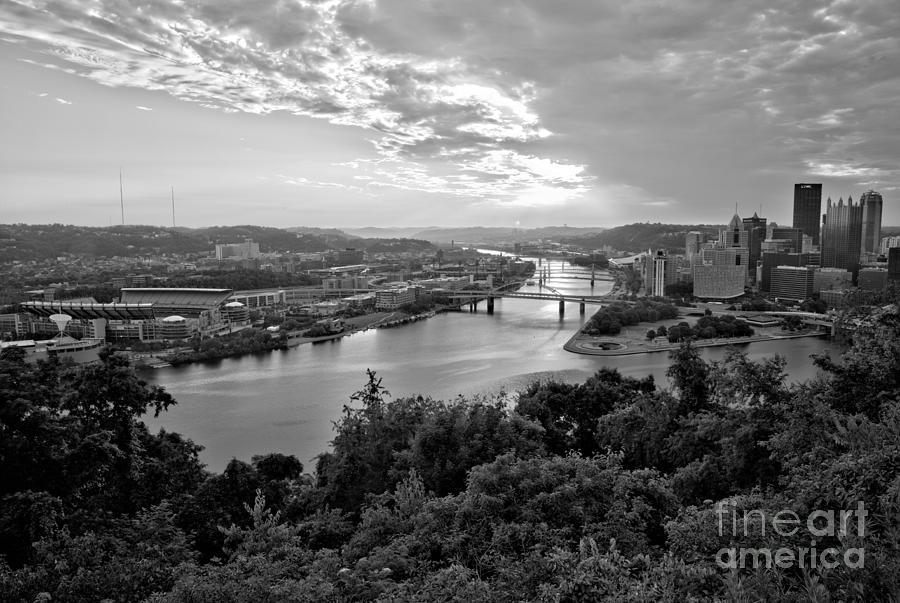 Pittsburgh Fiery Skies Over The Allegheny River Black And White Photograph by Adam Jewell