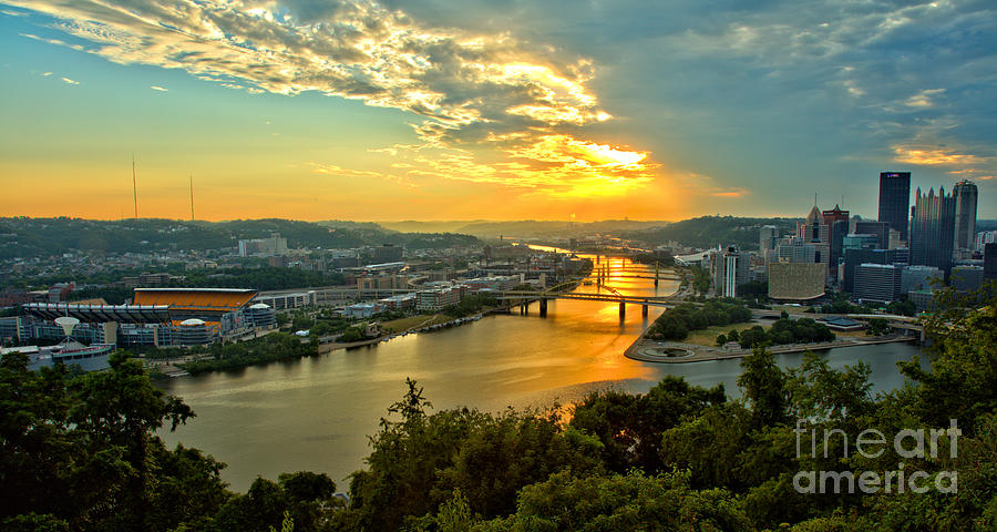 Pittsburgh Fiery Skies Over The Allegheny River Panorama Photograph by Adam Jewell