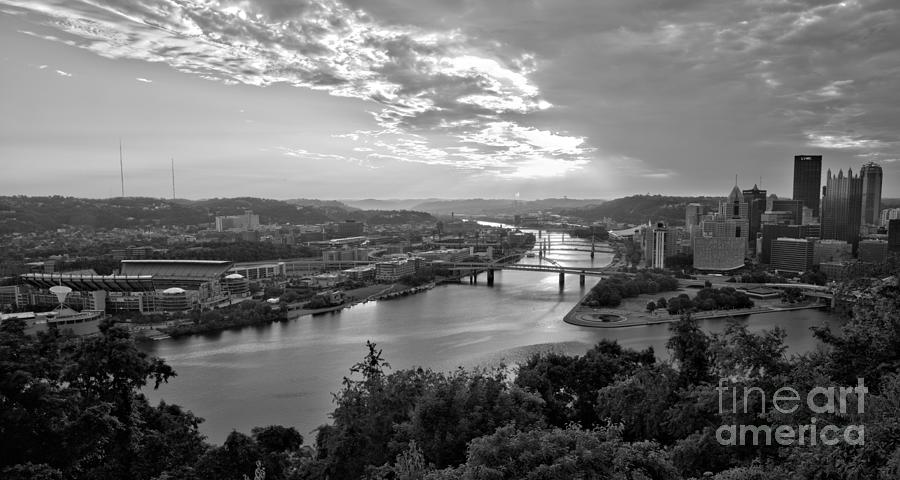 Pittsburgh Fiery Skies Over The Allegheny River Panorama Black And White Photograph by Adam Jewell