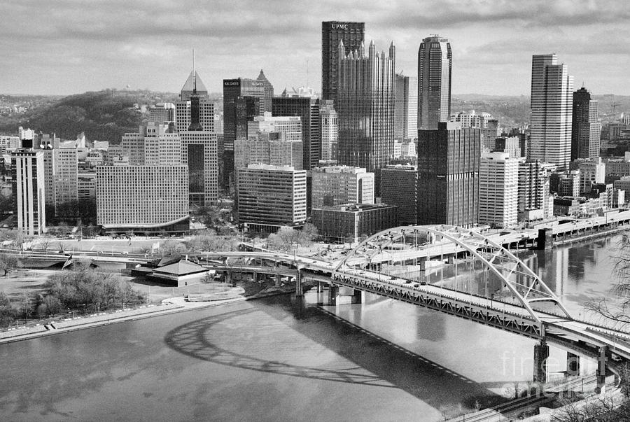 Pittsburgh Liberty Bridge Reflections Black And White Photograph by Adam Jewell