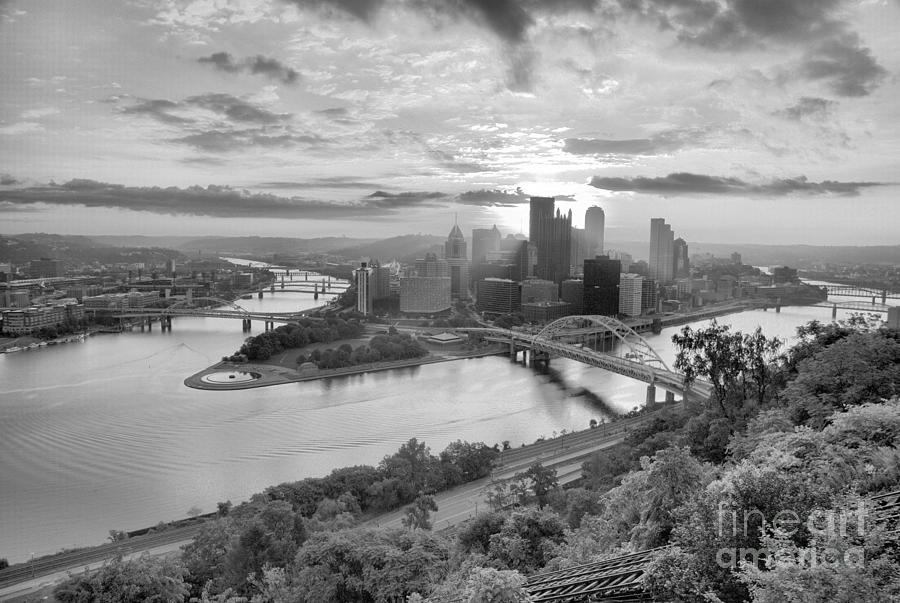 Pittsburgh Mt Washington Sunrise August 2022 Black And White Photograph by Adam Jewell