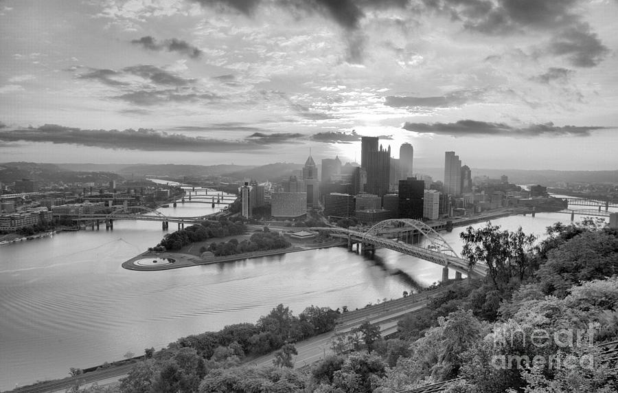 Pittsburgh Mt Washington Sunrise August 2022 Crop Black And White Photograph by Adam Jewell