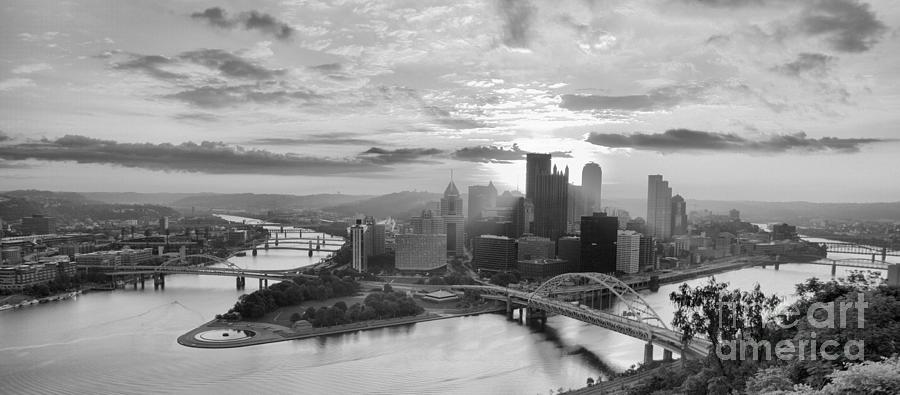 Pittsburgh Mt Washington Sunrise August 2022 Panorama Black And White Photograph by Adam Jewell