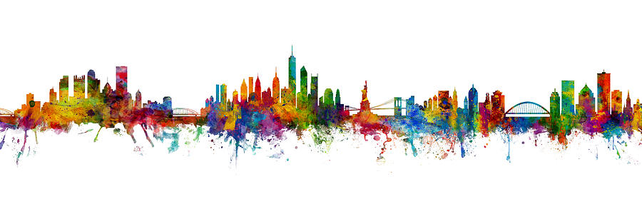 Pittsburgh, New York and Rochester NY Skylines Mashup Digital Art by Michael Tompsett