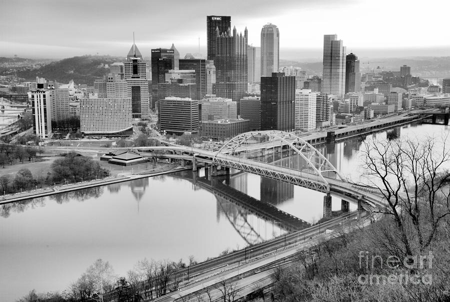 Pittsburgh PA Vibrant Winter Sunrise Black And White Photograph by Adam Jewell