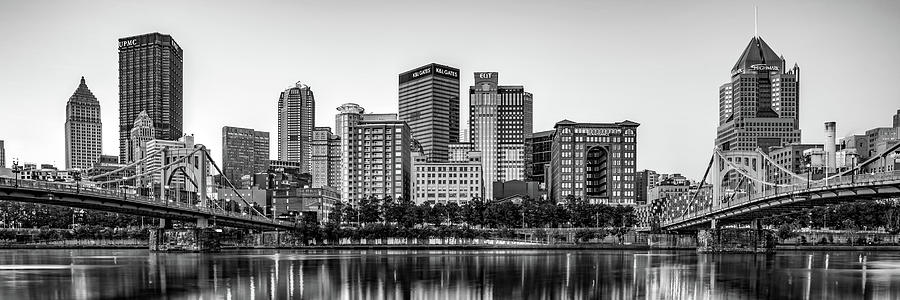 Pittsburgh Pennsylvania Allegheny Riverfront Skyline Panorama - Black and White Photograph by Gregory Ballos