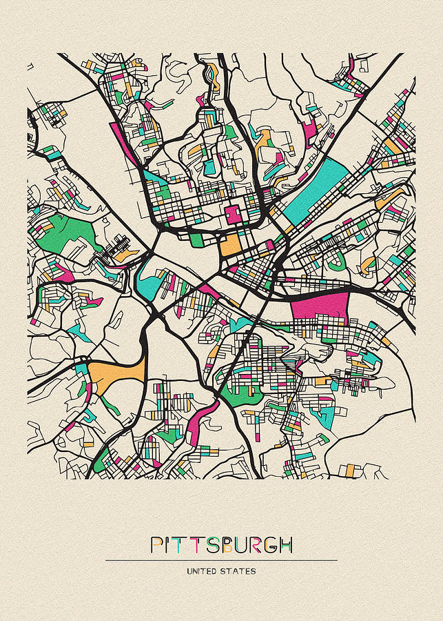 Pittsburgh, Pennsylvania City Map Drawing by Inspirowl Design