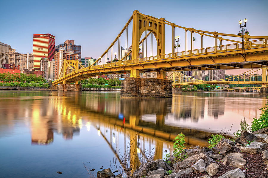 Downtown Pittsburgh Photograph - Pittsburgh Skyline From The River Shoreline by Gregory Ballos