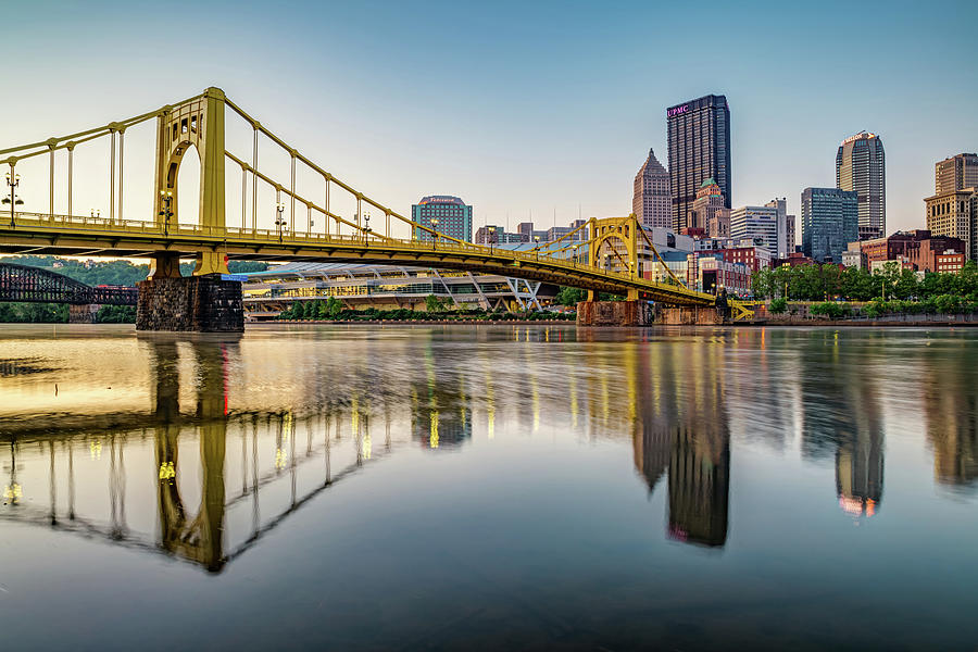 Pittsburgh Skyline Reflections And Carson Bridge At Sunrise Photograph by Gregory Ballos