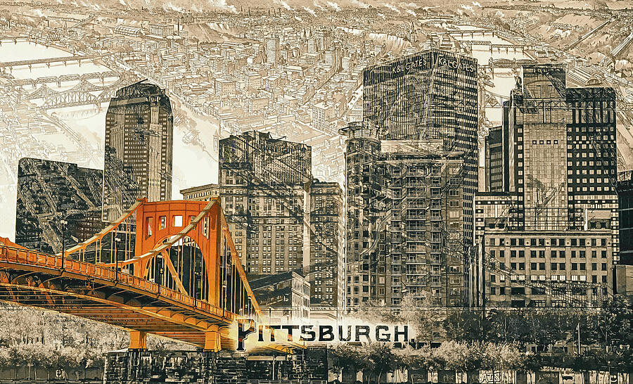 Pittsburgh Skyline With Map Mixed Media by Dan Sproul Pittsburgh Skyline With Map Mixed Media by Dan Sproul