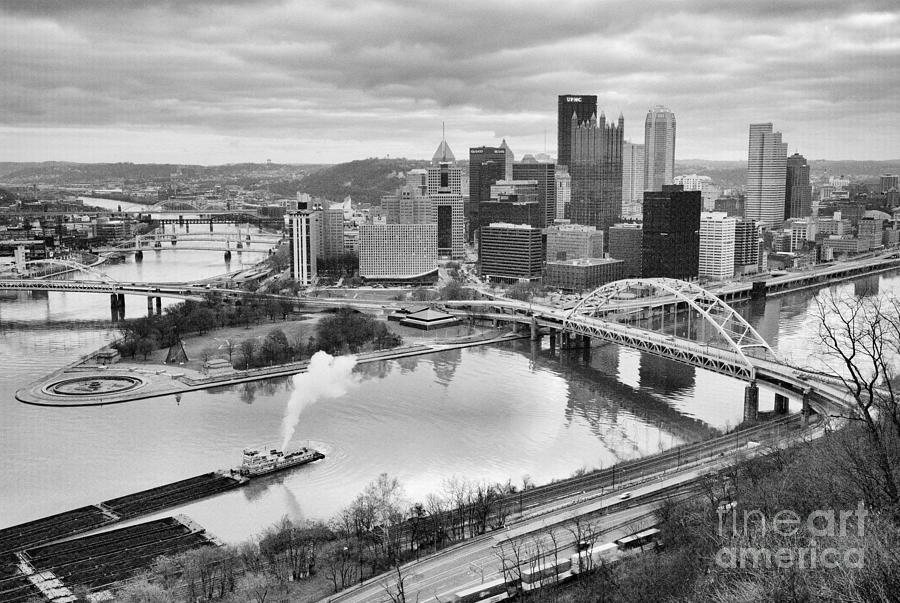 Pittsburgh Smoking Tugboat Black And White Photograph by Adam Jewell
