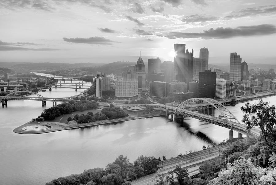Pittsburgh Summer Sunburst Sunrise Black And White Photograph by Adam Jewell