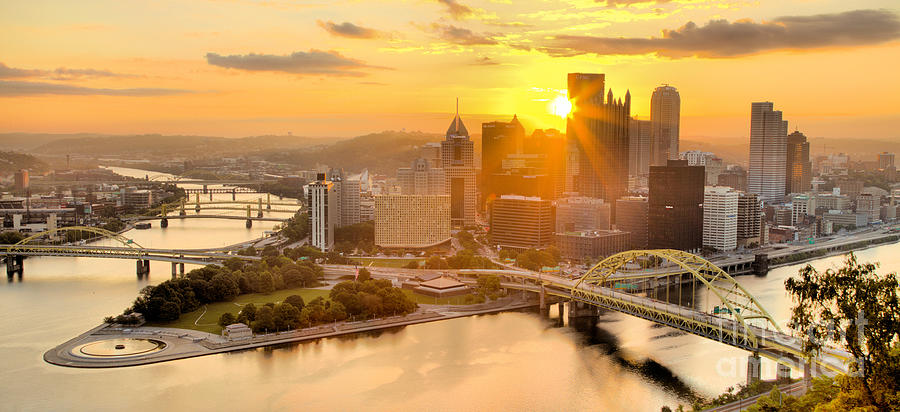 Pittsburgh Summer Sunburst Sunrise Panrama Photograph by Adam Jewell