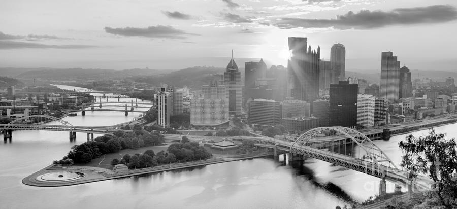 Pittsburgh Summer Sunburst Sunrise Panrama Black And White Photograph by Adam Jewell