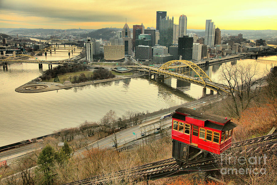 Pittsburgh Winter Red Incline Landscape Photograph by Adam Jewell