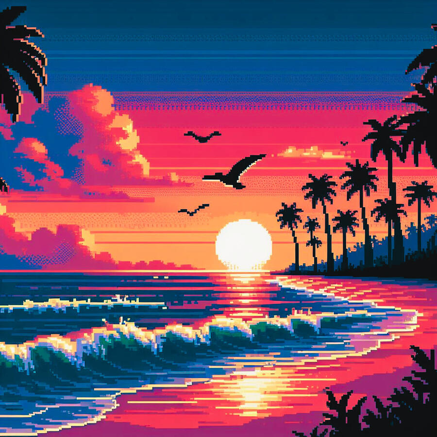 Sunset Digital Art - Pixel Art Beach sunset by Yassine Essouaidi