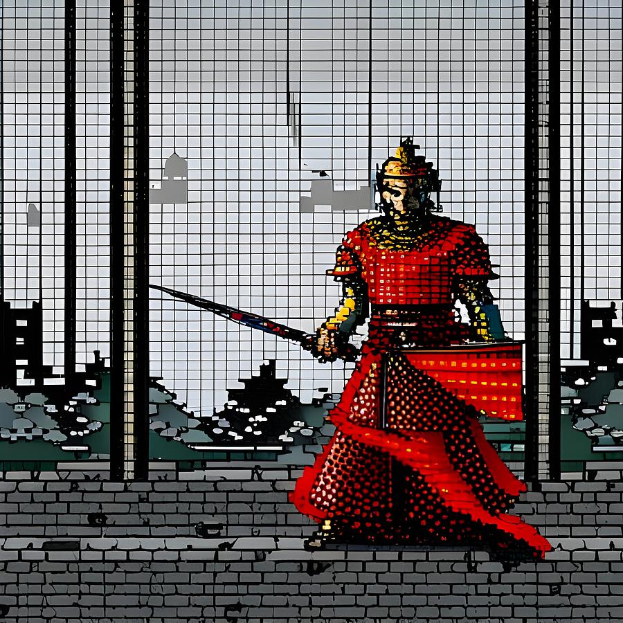 Hat Digital Art - Pixel art red samurai by Marcin Pasnicki