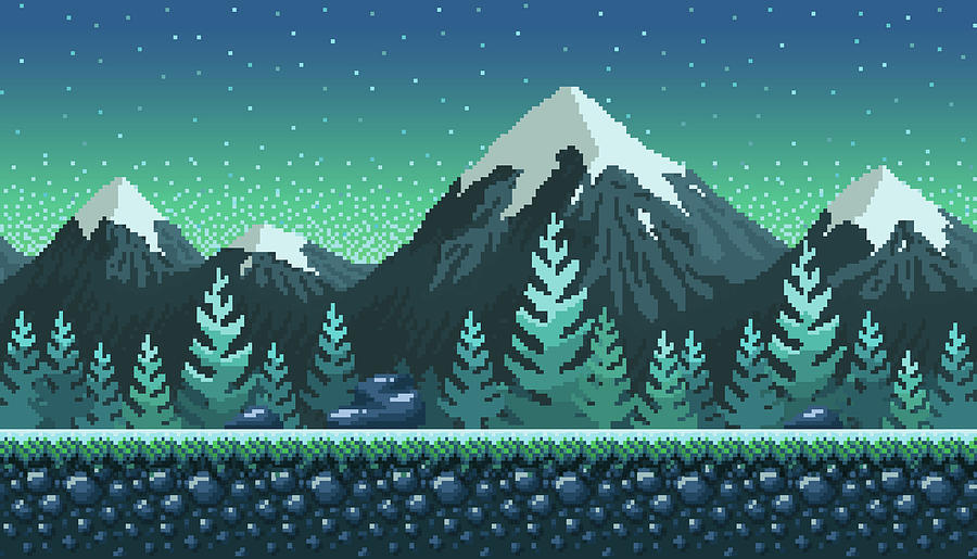 Pixel art seamless background. Location with snowy mountains at night ...