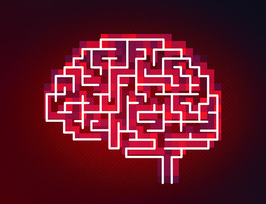 Pixelated brain icon on red Photograph by Sean Gladwell