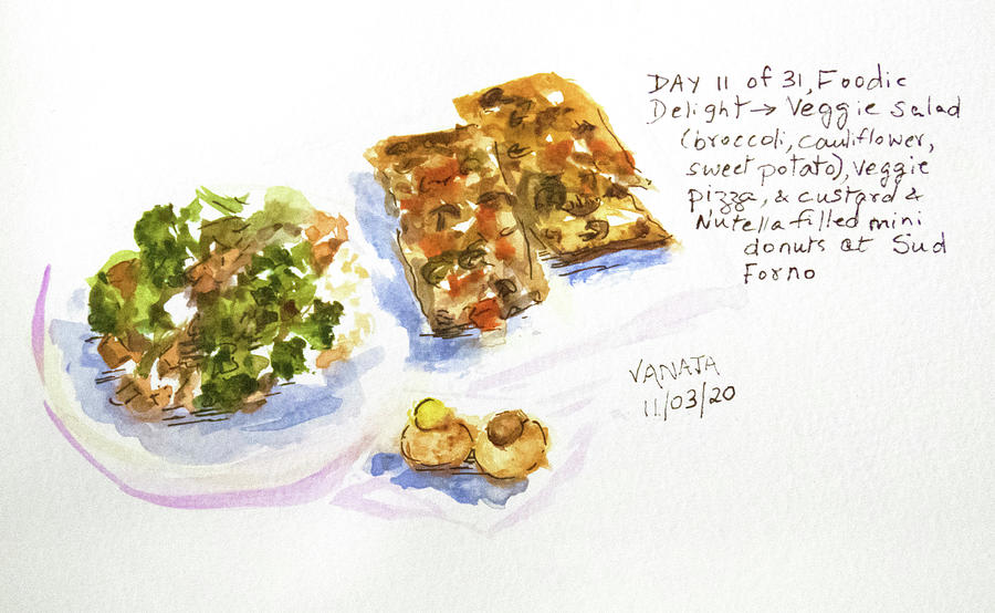 Pizza-Veggie Salad-Mini Donuts Painting by Vanajas Fine-Art