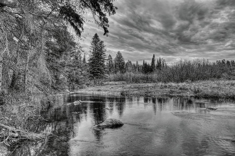 Placid Prairie River Under Storm Clouds BW Photograph by Dale Kauzlaric